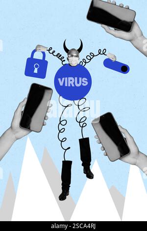 Vertical art banner collage of american man wear mask horns harmful virus cyberattack hands hold phone hacking lock switch blocked Stock Photo