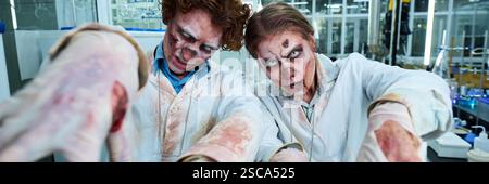 Zombie Lab Workers Reaching Out Hands Header Stock Photo