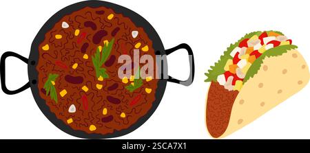 Chili con carne cast iron pan and Taco meat filling with greens and vegetables Mexican cuisine Set 2. Isolated Vector illustration Thematic or menu card, Sticker Icon or web promo banner, leaflet, tag Stock Vector