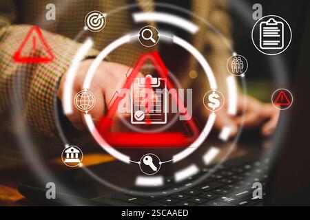 Businesswoman typing in computer. bug detection and online security, hacker attack and cyber crime. Concept of virus, digital protection and software Stock Photo
