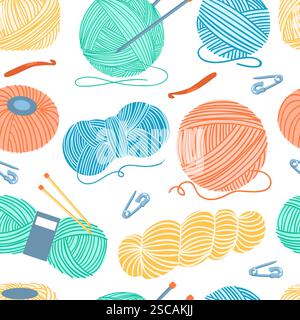 Wool balls seamless pattern. Knitting needles with color threads. Pins and hooks for crochet. Workshop repeated print with handcrafted elements. Yarn Stock Vector