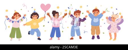 Children party. Birthday celebration. Happy kids dancing and jumping. Smiling faces. Excited boys and girls with confetti firecrackers. Holiday hoods Stock Vector