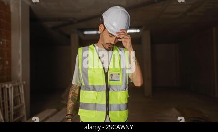 Handsome man wearing safety vest and hardhat on construction site with a contemplative look Stock Photo