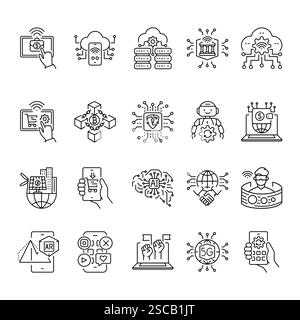Digitalization of society black line icon. Vector isolated element. Editable stroke. Stock Vector