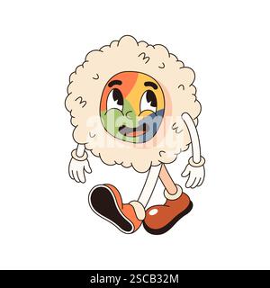 Pop art vector uramaki sushi. Character face with rolled rice and seaweed. Asian nutrition symbol or food element. Comic book fish meal for sushi menu Stock Vector