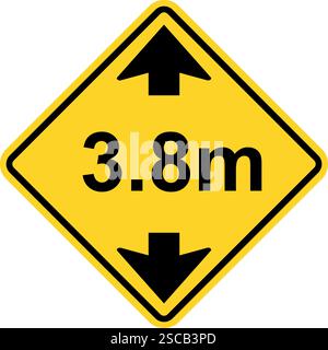 Height restriction limit 3.8 meter warning sign. Black on yellow diamond background. Traffic signs and symbols. Stock Vector