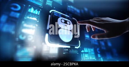 Chat Bot Automating Customer Interaction and Support, projection on a virtual screen, Business and Technology Concept. Stock Photo