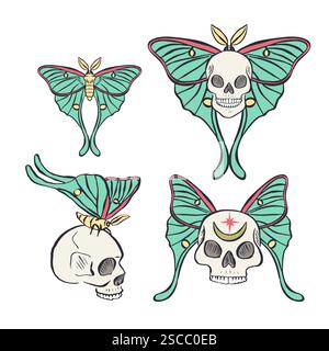 Hand drawn line art sketsches of human skulls with luna moth wings set Stock Vector