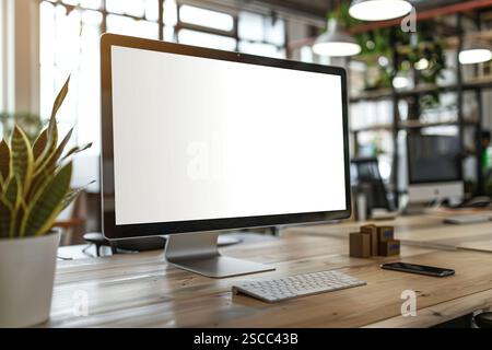 Blank Ultra wide computer screen on work desk in bright modern empty office, modern office and technology Stock Photo