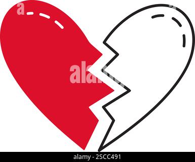 Heart broken in two halves doodle style Hand drawn trendy flat style love isolated icon Romantic symbol of love for web graphic design poster tattoo Valentines Day card line art Vector illustration Stock Vector