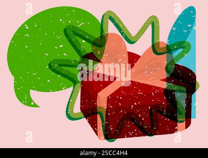 Risograph Heart shaped gift box with speech bubble with geometric shapes. Objects in trendy riso graph print texture style design with geometry elemen Stock Vector