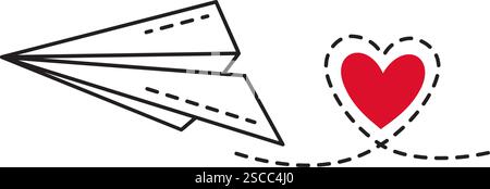 Paper love airplane doodle style Hand drawn trendy flat style love isolated icon Romantic symbol of love for web graphic design poster tattoo Valentines Day Greeting card line art Vector illustration Stock Vector