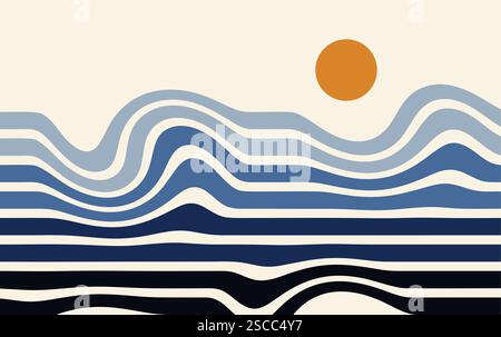Optical illusion distorted wave with sun. Abstract horizontal stripes vector design. Surreal Pattern. Stock Vector