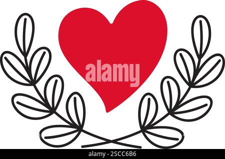 Heart in a laurel wreath doodle style Hand drawn trendy flat style love isolated icon Romantic symbol of love for web graphic design poster tattoo Valentines Day card line art Vector illustration Stock Vector