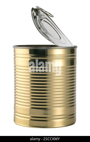 Opened tin can cropped against a white background Stock Photo