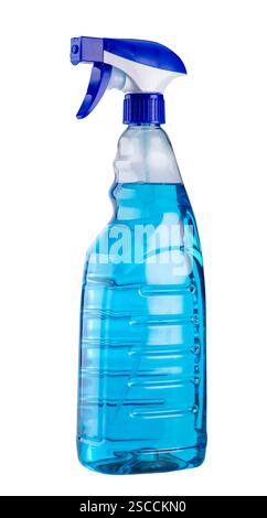 Spray bottle with blue liquid cropped on a white background Stock Photo