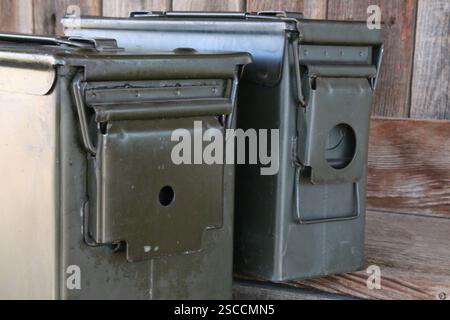 Two military style ammo box containers in OD green. Stock Photo