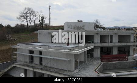 Construction site. Construction of Villa mansion. Tower formworks. Construction of Multi Storey Residential Building. Tower Cranes on Residential Stock Photo