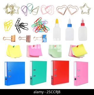 Different paper clips and other stationery isolated on white, set Stock Photo