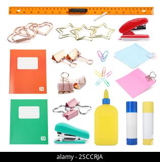 Different paper clips and other stationery isolated on white, set Stock Photo
