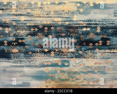 Random abstract luxurious printed fabric illustration in shades of blue, beige, and gold color. Lavish and elegant random pattern seamless background Stock Photo