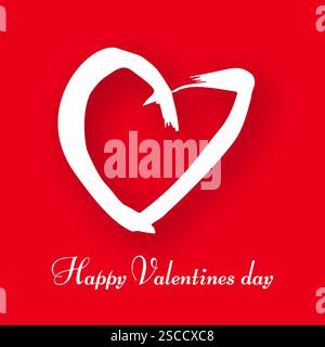 Hand drawn heart on red background. White grunge doodle heart with shadow. Romantic love symbol. Vector illustration. Stock Vector