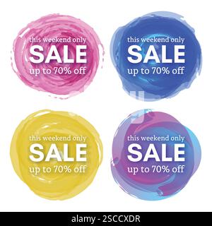 Set of Four Sale this weekend only up to 70% off sign with shadow over red watercolor spot. Vector illustration. Stock Vector