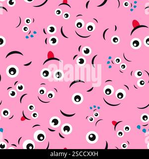 Cartoon faces with emotions. Seamless pattern with different emoticons on pink background. Vector illustration Stock Vector