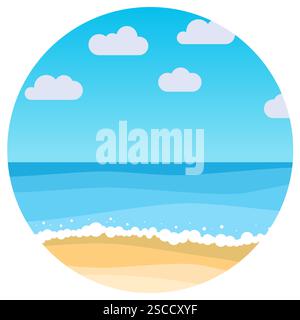 Vector landscape with summer beach in circle. Waves of the sandy beach, blue sky and sea. Landscape vector illustration. Stock Vector