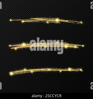 Abstract shiny confetti glittering waves. Set of three hand drawn brush golden strokes on black transparent background. Vector illustration Stock Vector