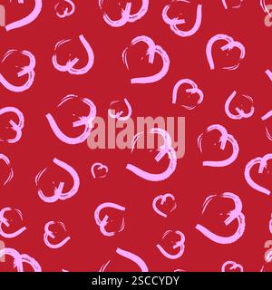 Seamless pattern with hand drawn hearts. Doodle grunge pink hearts on red background. Vector illustration. Stock Vector