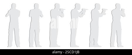 Vector concept conceptual gray paper cut silhouette of a construction worker with a hammer-drill  from different perspectives isolated on white Stock Vector