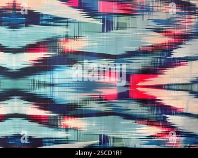 Random abstract luxurious printed fabric illustration in shades of blue, red, pink, dark blue, and white. Colorful vibrant blue and red shades of eleg Stock Photo