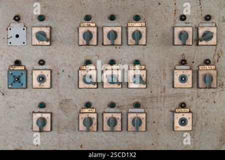 Broken electrical box with rotary switches, industrial switch box Stock Photo