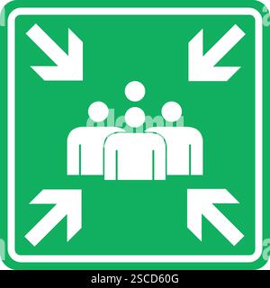 Assembly Point Sign. White on green background. Emergency signs and symbols. Stock Vector