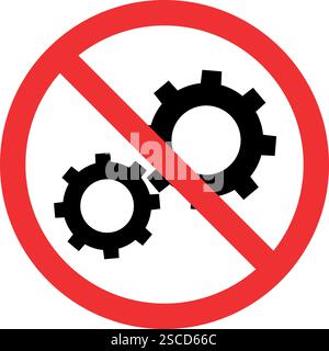 No gear icon or cogwheel prohibition sign. Forbidden signs and symbols. Stock Vector