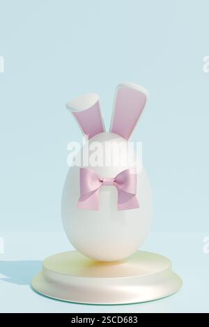 Easter egg with bunny ears and a pink bow, displayed on a stand. 3d rendering Stock Photo