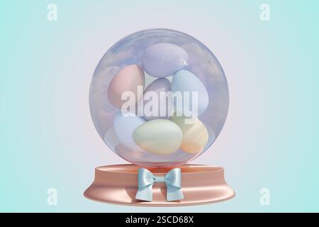 Decorative snow globe with pastel Easter eggs inside, celebrating the Easter holiday. 3d rendering Stock Photo