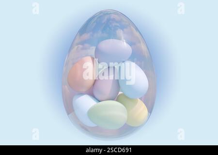 Colorful Easter eggs inside a decorative glass egg. 3d rendering Stock Photo