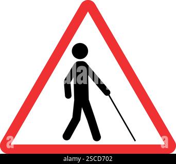 Blind person road crossing warning sign. Red triangle background. Traffic signs and symbols. Stock Vector