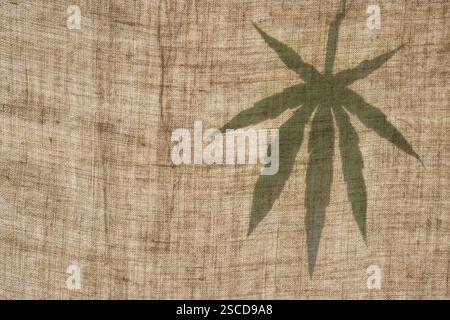 Green silhouette of a hemp leaf on a hemp canvas fabric. Cannabis leaf. Against the sun. Copy space. Stock Photo