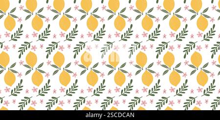 Seamless Lemon and Leaf Pattern with Pink Flowers and Green Foliage on White Background for Vibrant Decorative and Textile Designs Stock Vector