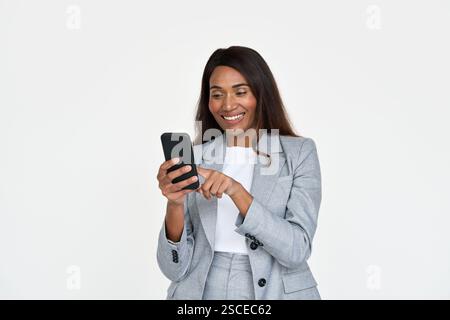 Smiling African American business woman using phone isolate on white background. Stock Photo