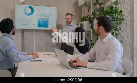 Office team leader man mentor show charts financial growth graphics presentation on interactive board diverse businessmen and muslim businesswoman in Stock Photo