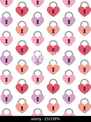 Vector seamless pattern of flat colored heart lock isolated on white background Stock Vector