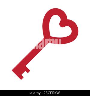 Vector flat red key with heart isolated on white background Stock Vector