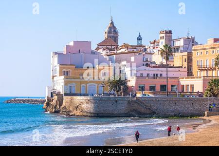 Along the waterfront in Sitges, Spain, on a sunny day in the winter Stock Photo