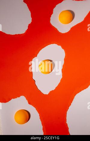 Eggs made of orange torn paper on a white background with ping pong balls. Abstract creative pattern Stock Photo