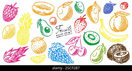 Brush drawn fresh fruits in grunge style. very simple lines with many organic food. strawberry and peach engraved. doodle summer set Stock Vector