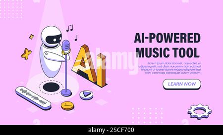 AI powered music tool poster. Bot with microphone near audio message. Artificial intelligence and machine learning. Landing webpage design. Isometric Stock Vector